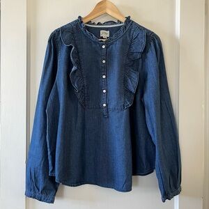 JCrew denim ruffle popover top